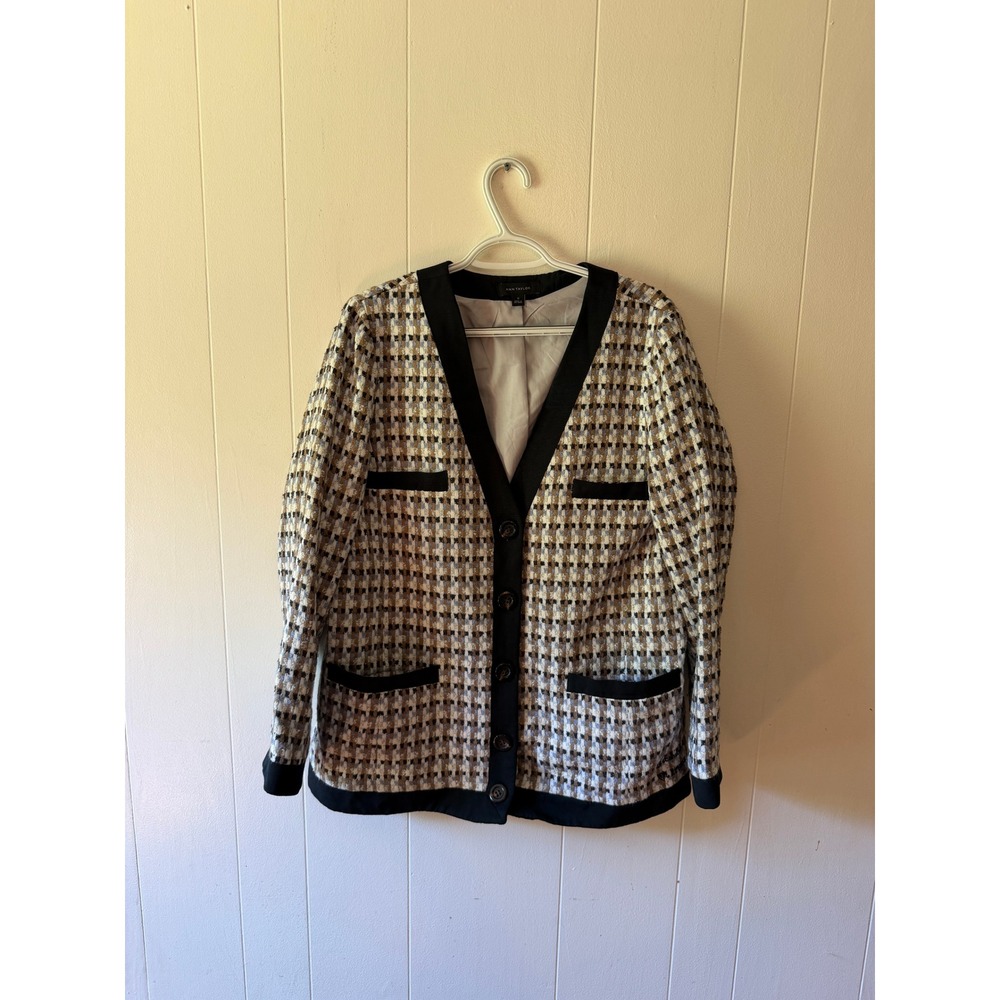 Ann Taylor Multi Color Tweed Button Front Cardigan Jacket Black Trim Size 8